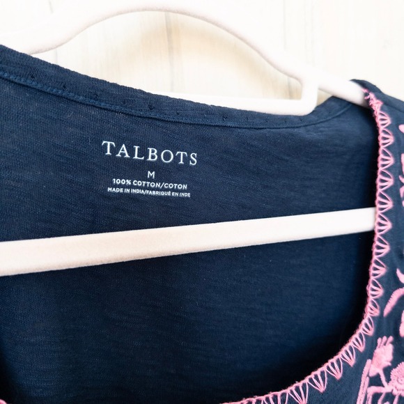 Talbots Womens Embroidered Square Neck Short Sleeve Top Size M Navy Boho Cottage - Picture 4 of 5